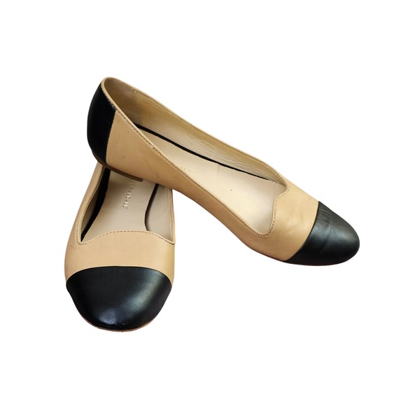 Loeffler Randall Leather Cap Toe Flats Balletcore Tan Navy Blue Shoes Size 7B - Picture 1 of 13